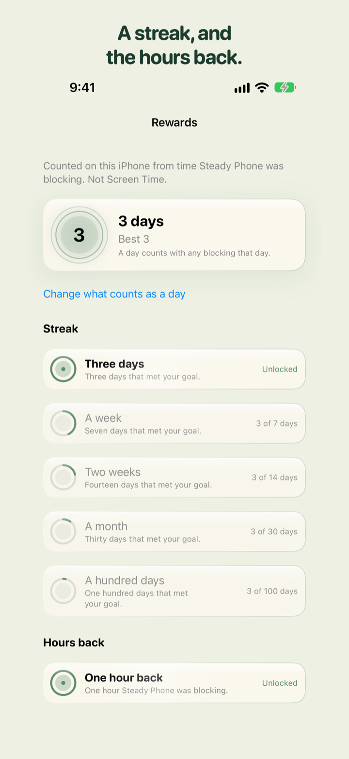 App Store frame of Steady Phone rewards and the day streak